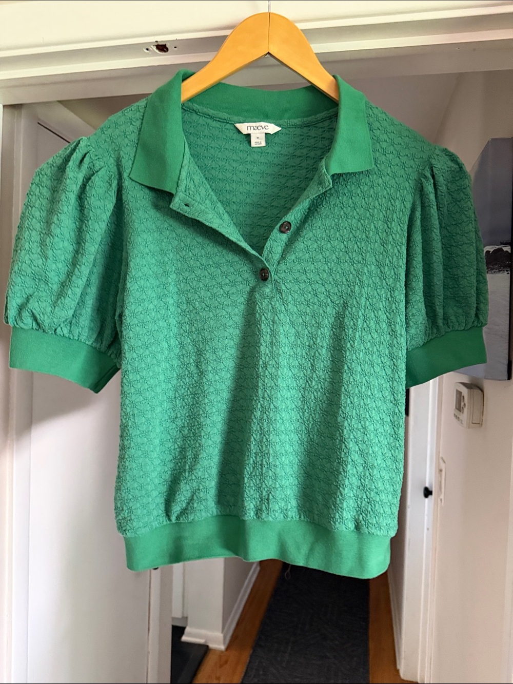 Maeve Emerald Green Textured Polo with Puff Sleeves